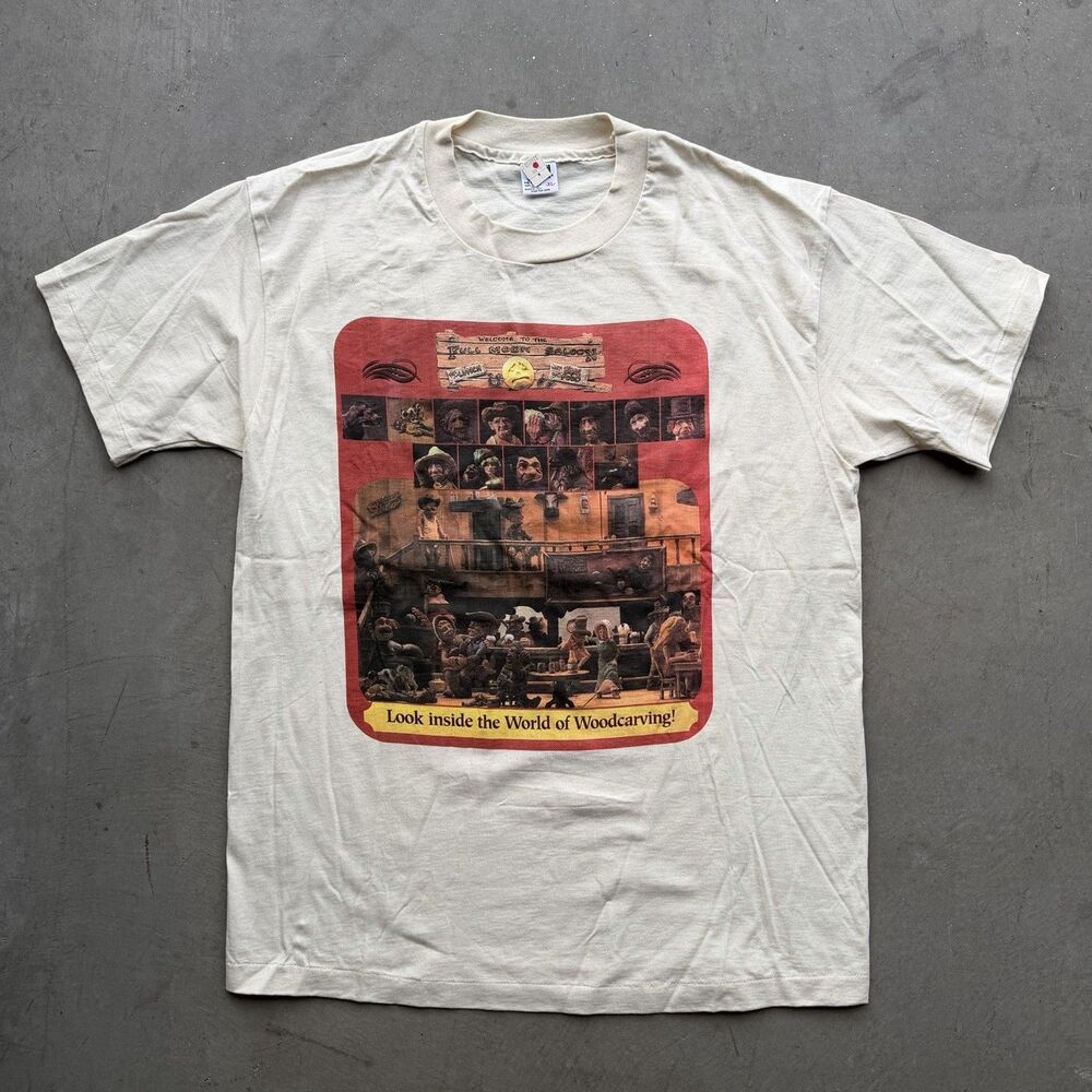 Vintage 90s Anvil Mens XL Shirt Full Moon Saloon Woodcarving Caricature Museum